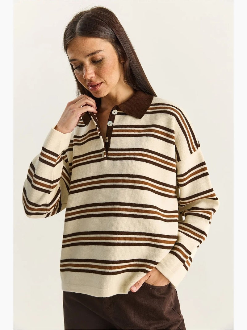 Maglione a righe con colletto polo e bottoni lucci Crema - Kiabi