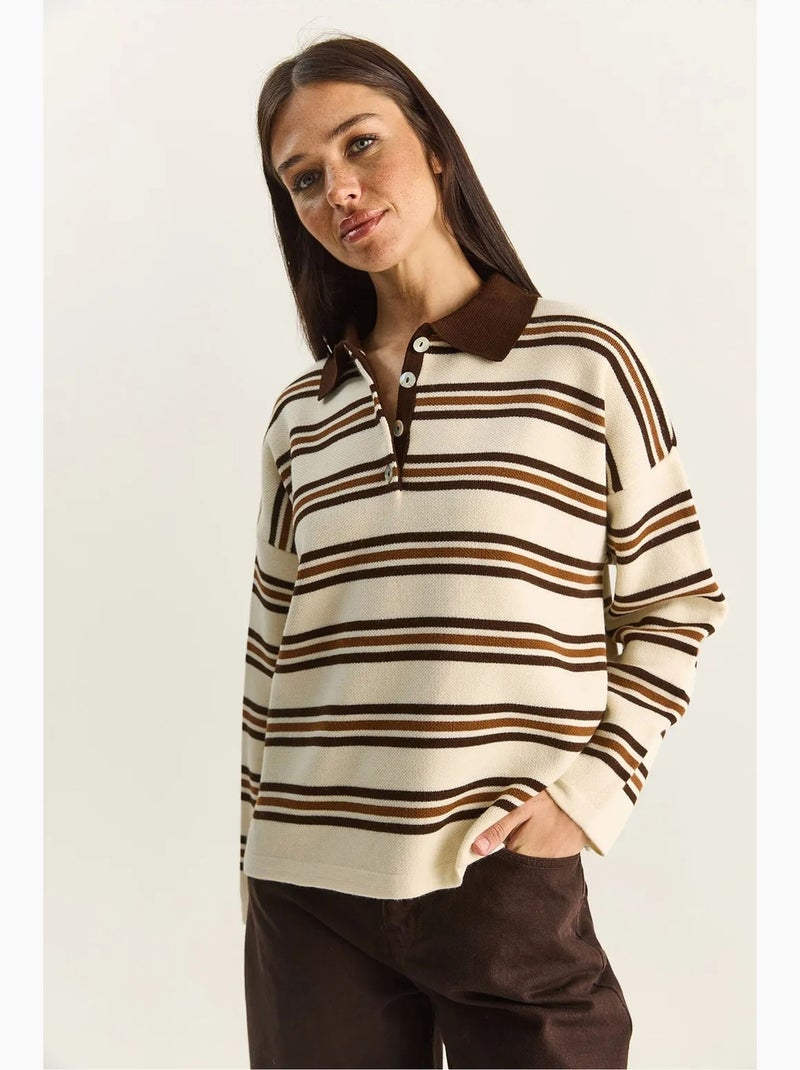 Maglione a righe con colletto polo e bottoni lucci Crema - Kiabi
