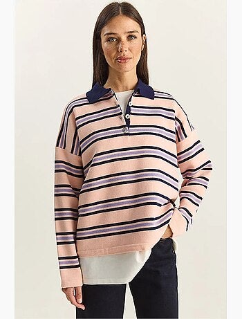 Maglione a righe con colletto polo e bottoni lucci