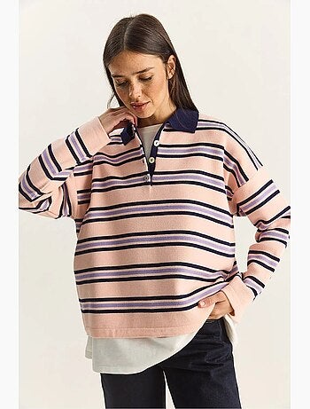 Maglione a righe con colletto polo e bottoni lucci
