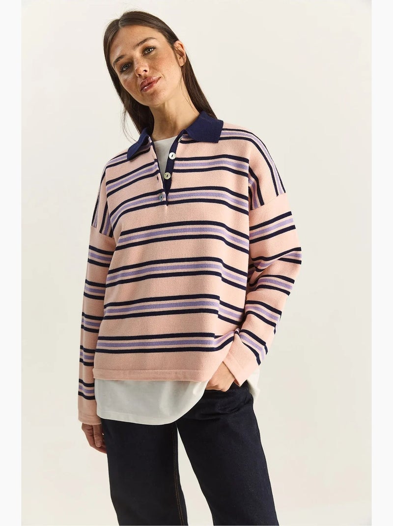 Maglione a righe con colletto polo e bottoni lucci Rosa chiaro - Kiabi