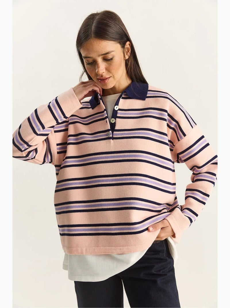 Maglione a righe con colletto polo e bottoni lucci Rosa chiaro - Kiabi