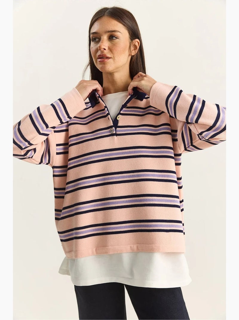 Maglione a righe con colletto polo e bottoni lucci Rosa chiaro - Kiabi