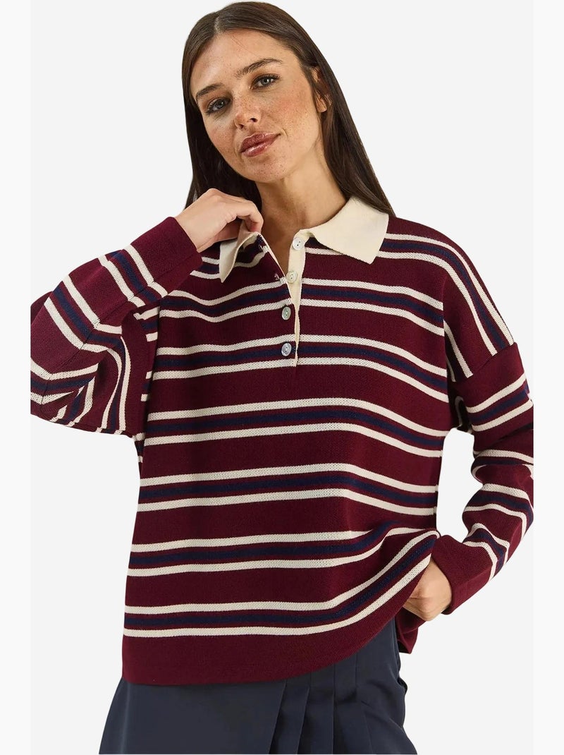 Maglione a righe con colletto polo e bottoni lucci Rosso bordeaux - Kiabi