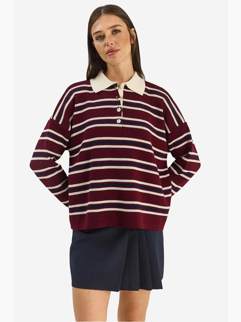 Maglione a righe con colletto polo e bottoni lucci Rosso bordeaux - Kiabi