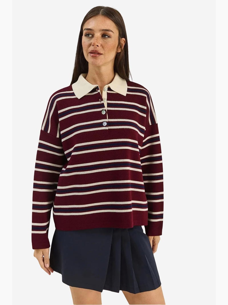 Maglione a righe con colletto polo e bottoni lucci Rosso bordeaux - Kiabi