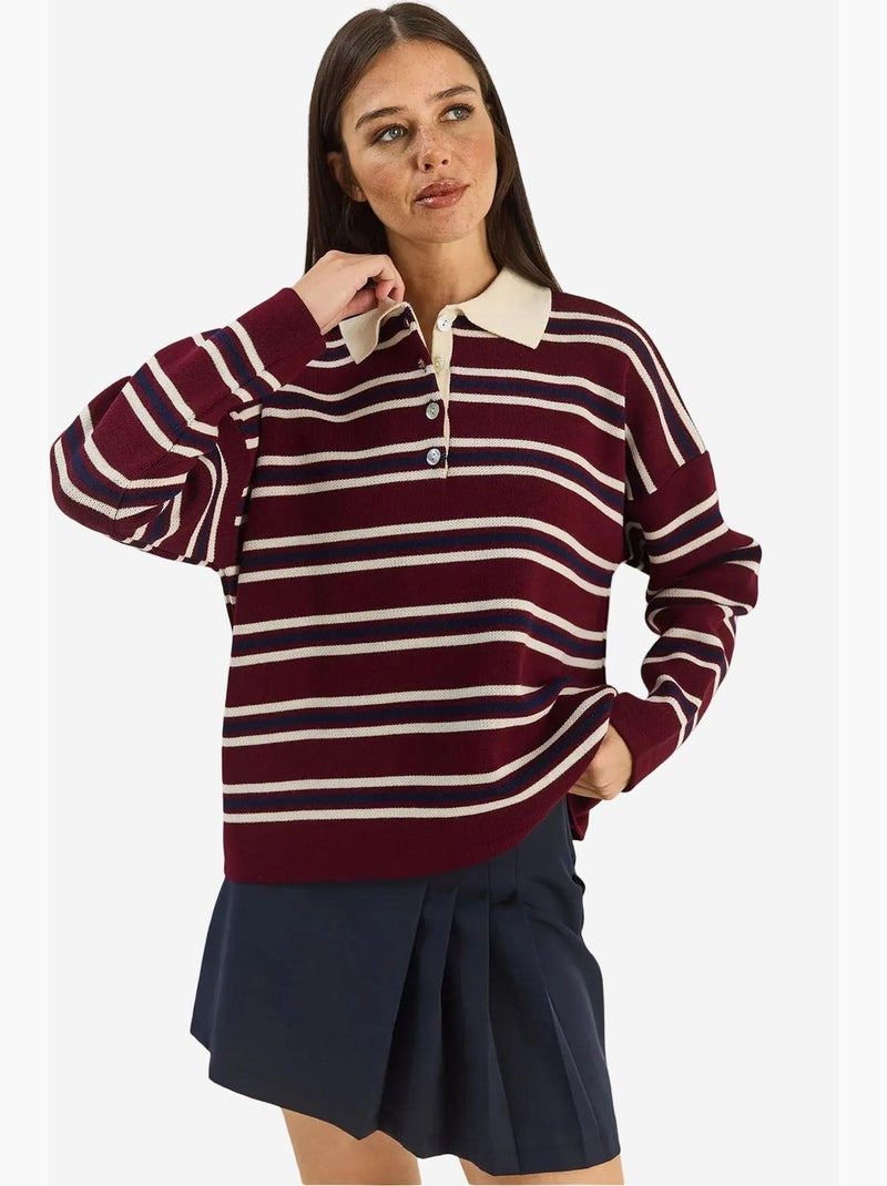 Maglione a righe con colletto polo e bottoni lucci Rosso bordeaux - Kiabi