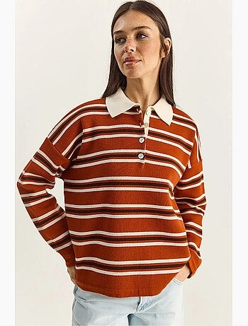 Maglione a righe con colletto polo e bottoni lucci