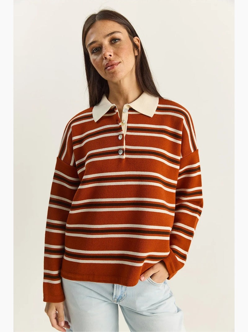 Maglione a righe con colletto polo e bottoni lucci Terracotta - Kiabi