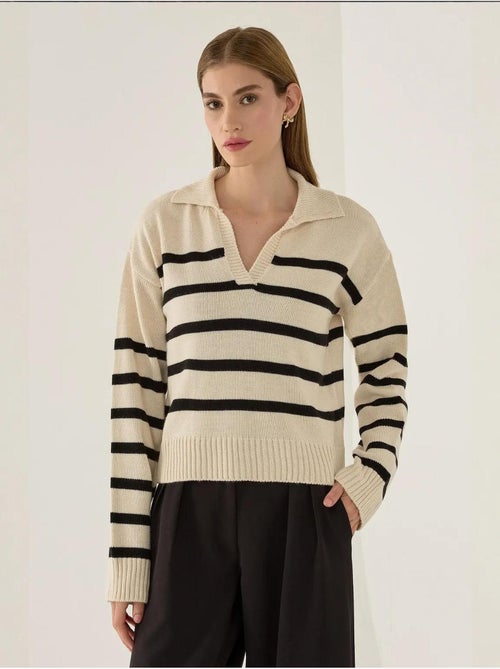 Maglione a righe con colletto polo hiccup - Kiabi Maglione a righe con colletto polo hiccup - Kiabi