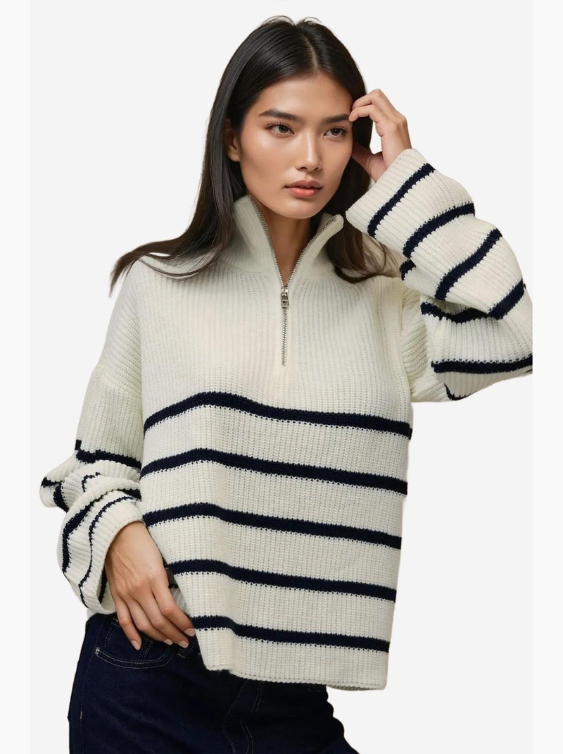 Maglione a righe con maniche lunghe e colletto con zip hiccup Bianco - Kiabi