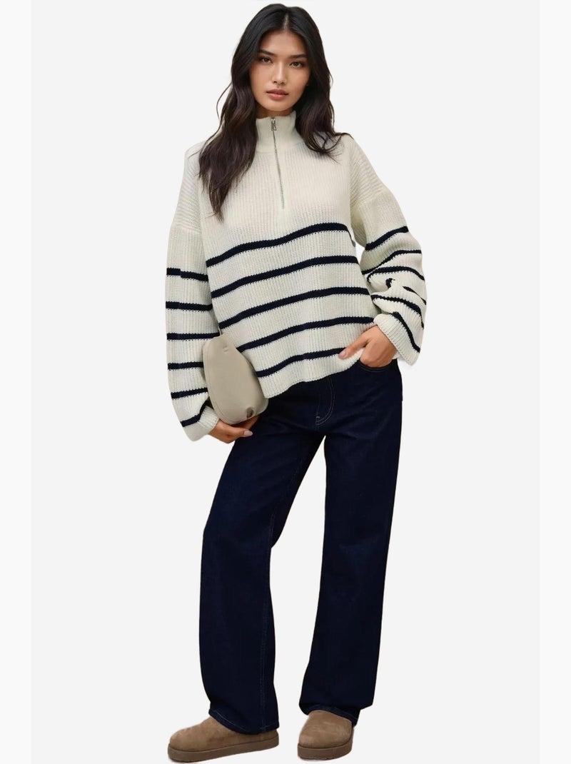 Maglione a righe con maniche lunghe e colletto con zip hiccup Bianco - Kiabi