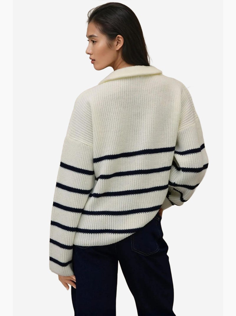 Maglione a righe con maniche lunghe e colletto con zip hiccup Bianco - Kiabi