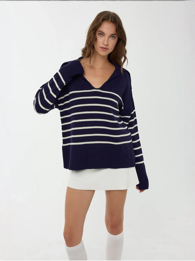 Maglione a righe con scollo a V Blu scuro - Kiabi