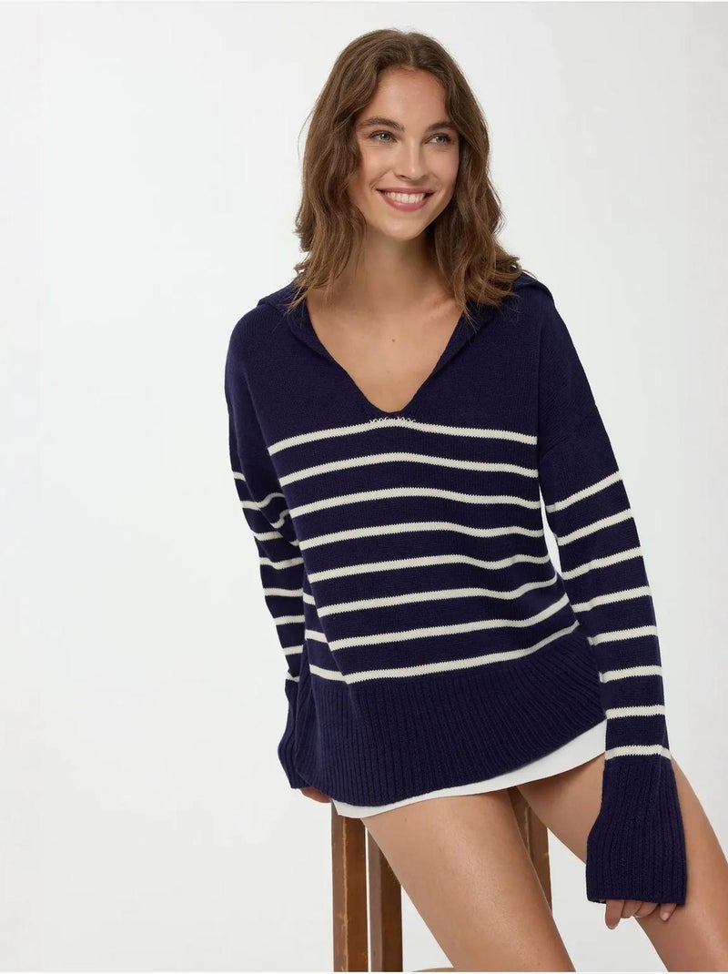 Maglione a righe con scollo a V Blu scuro - Kiabi
