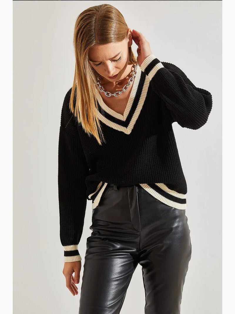 Maglione a righe con scollo a v lucci Nero - Kiabi