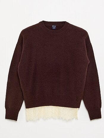 Maglione a tinta unita a maglia fine con bordo in pizzo