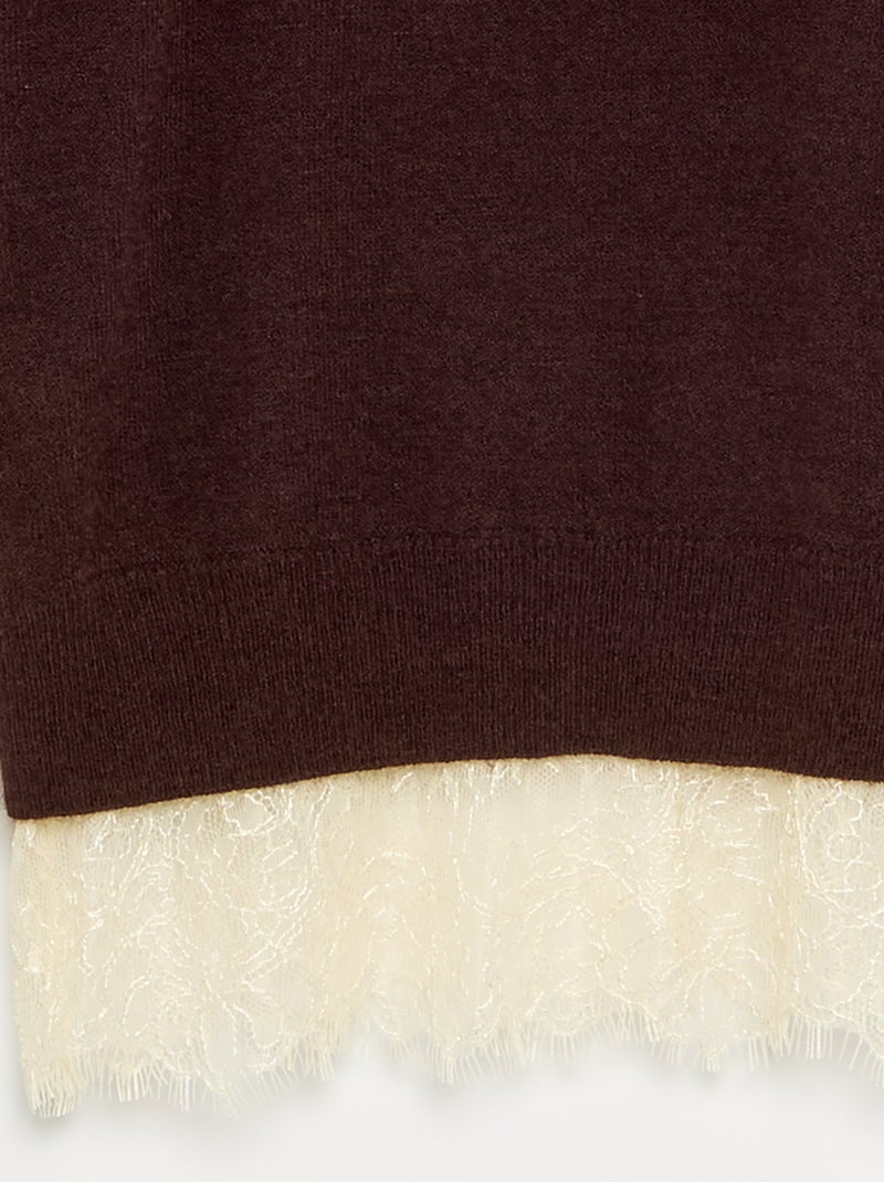 Maglione a tinta unita a maglia fine con bordo in pizzo Marrone - Kiabi