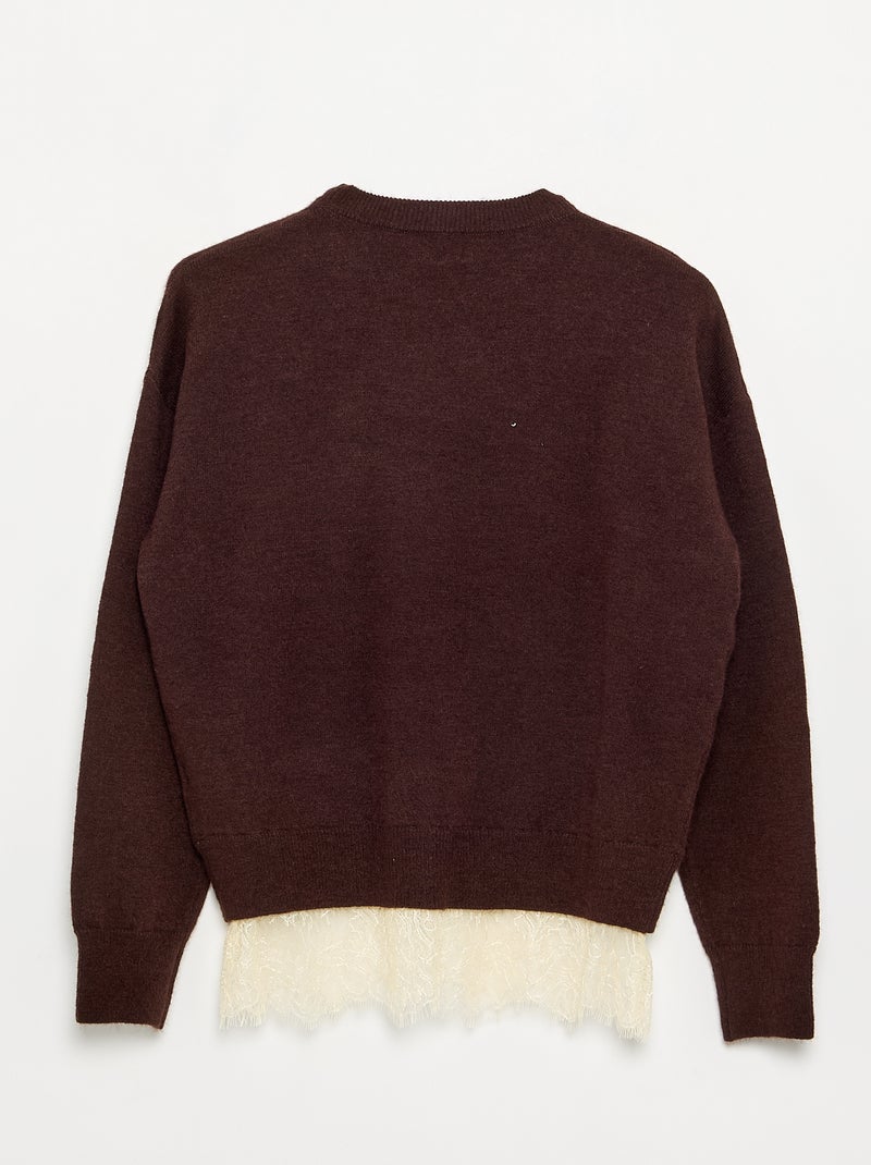 Maglione a tinta unita a maglia fine con bordo in pizzo Marrone - Kiabi