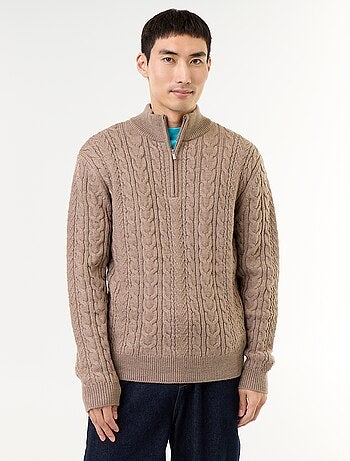 Maglione a trecce con collo alto e zip