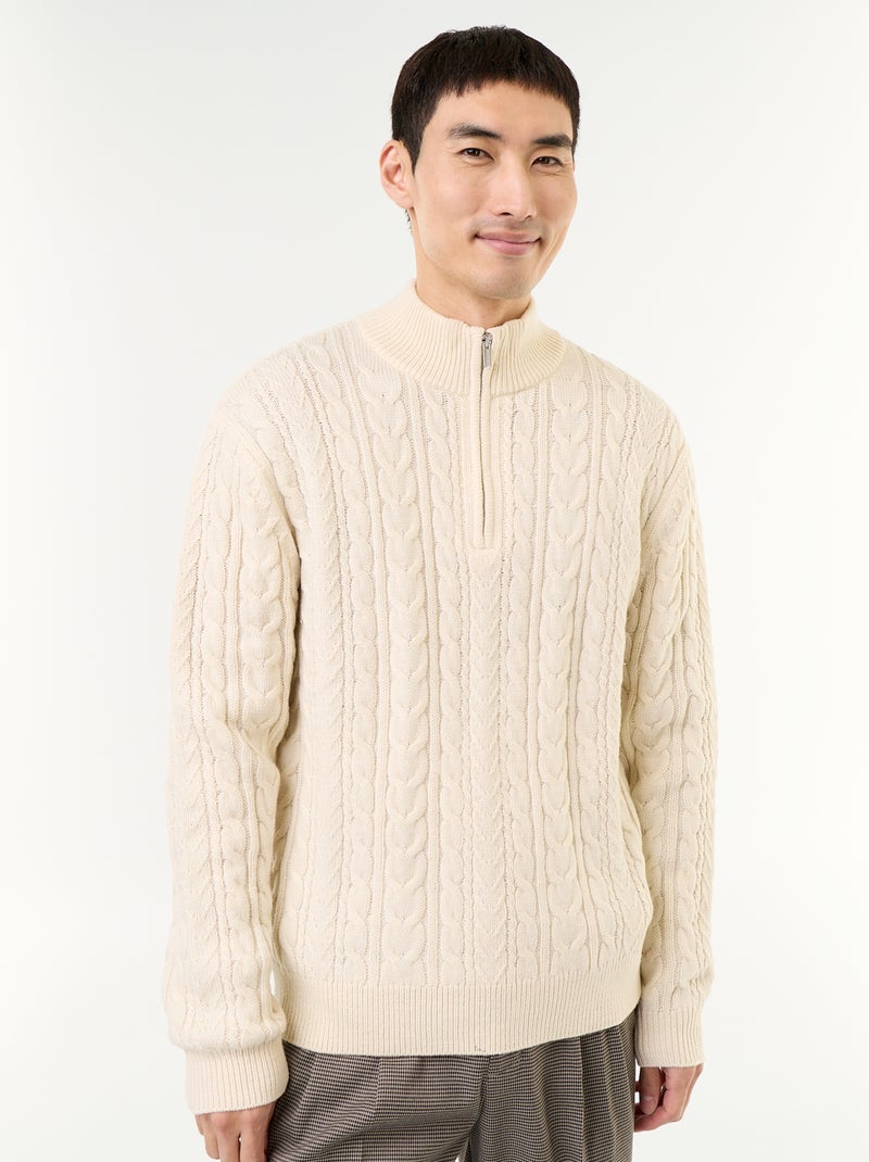 Maglione a trecce con collo alto e zip Bianco - Kiabi