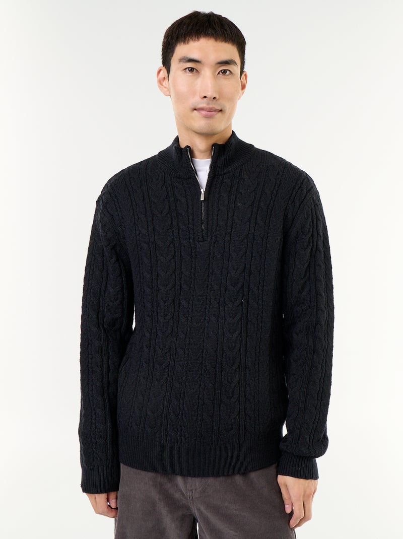 Maglione a trecce con collo alto e zip Nero - Kiabi