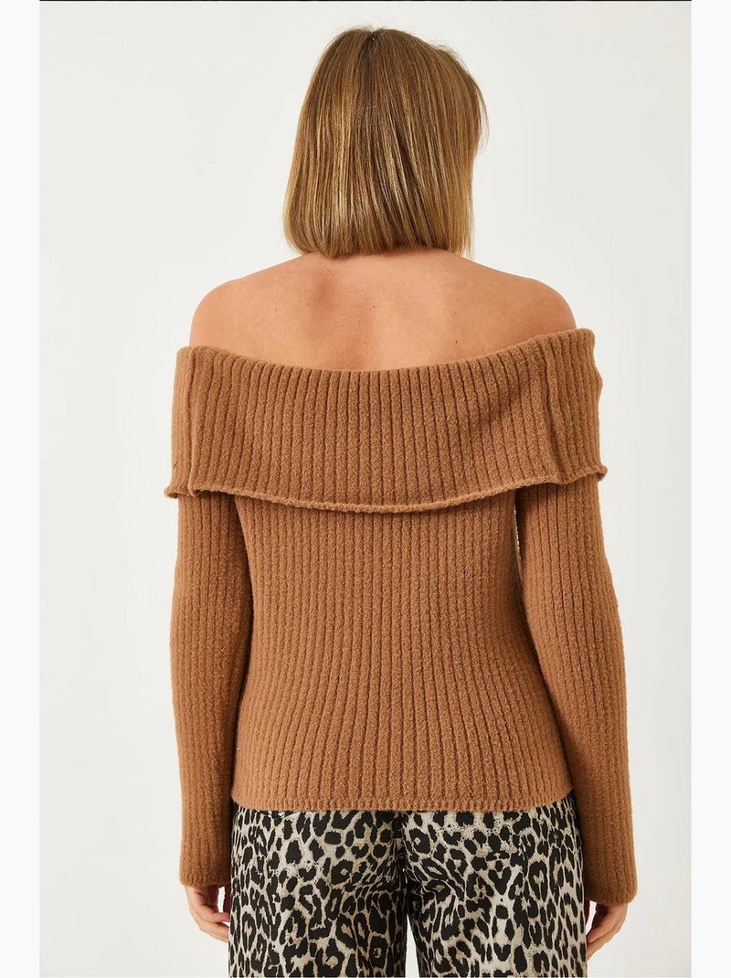 Maglione aderente in maglia a coste con scollo off-shoulder e dettaglio ripiegato lucci Cammello - Kiabi