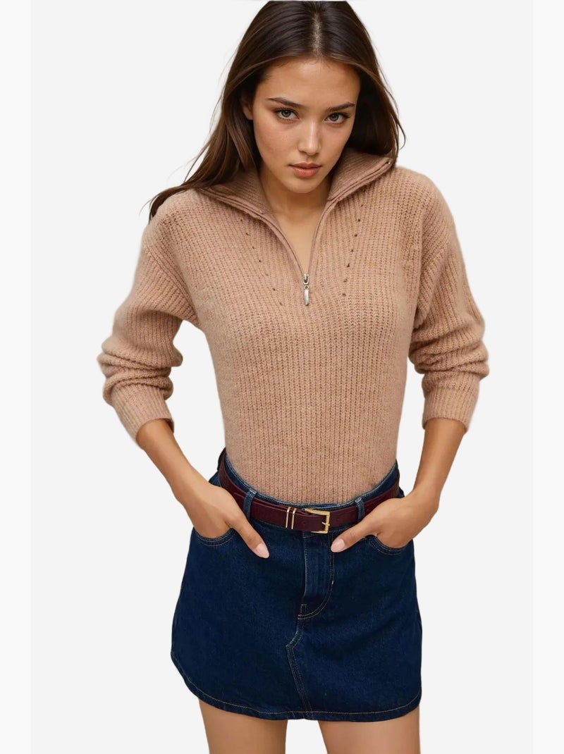 Maglione basic in maglia con collo a cerniera hiccup Beige - Kiabi