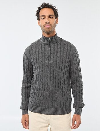 Pullover collo a lupetto con zip e lavorazione a trecce in cotone