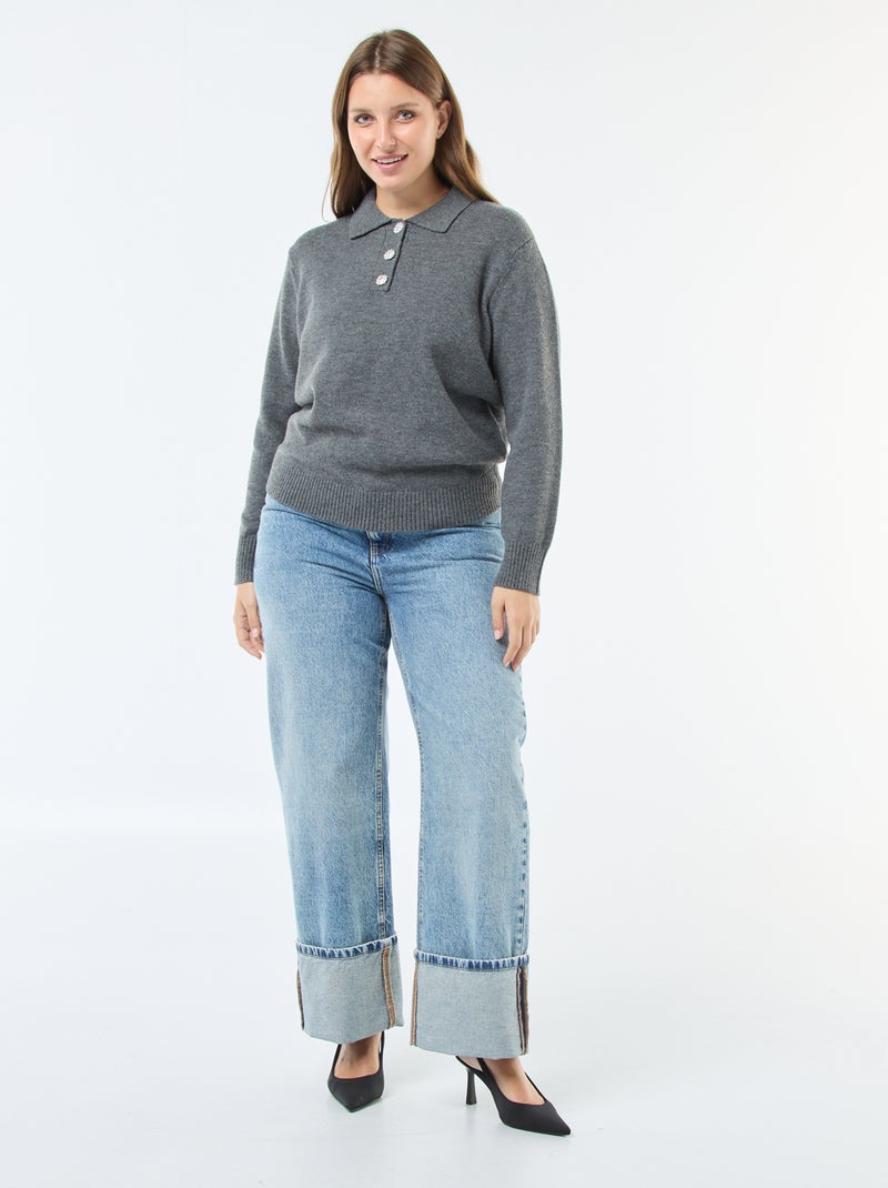 Maglione collo polo con bottoni gioiello Grigio - Kiabi
