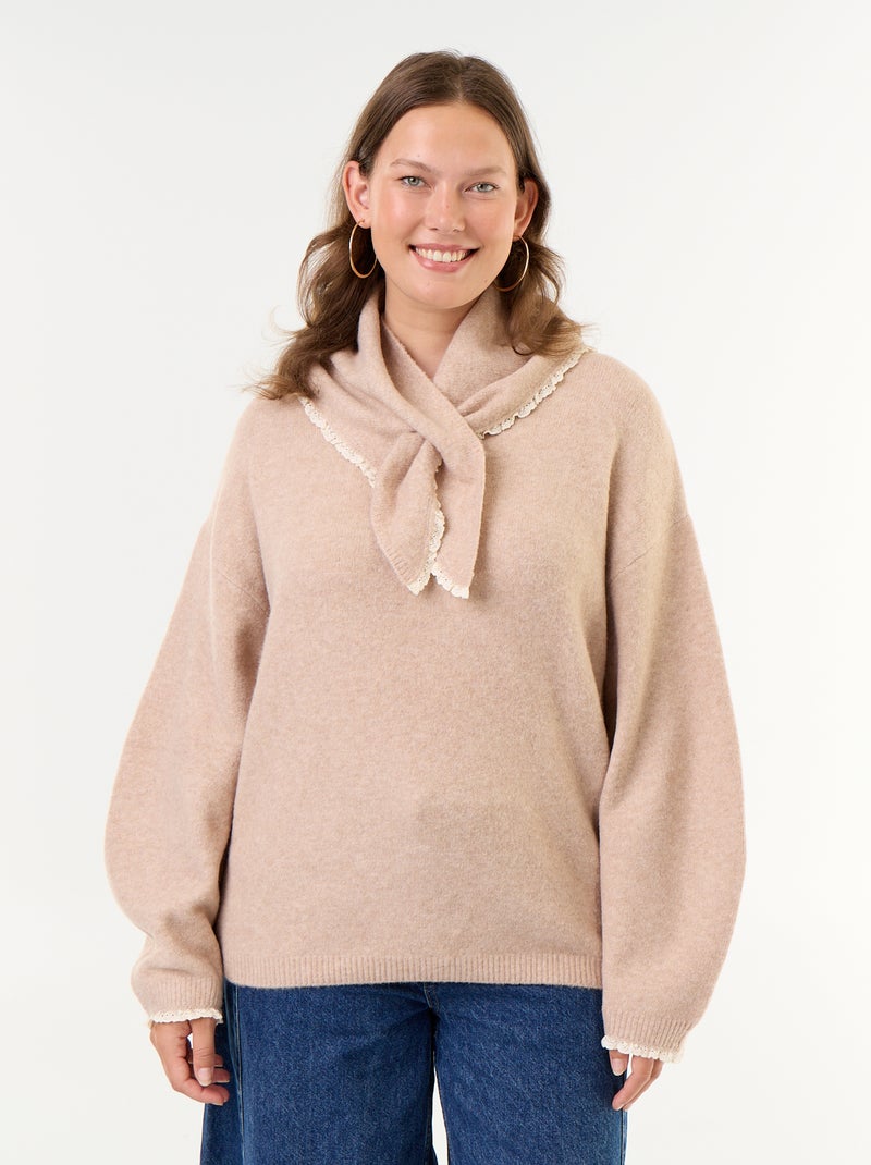 Maglione collo rotondo maniche ampie con foulard abbinato Beige - Kiabi