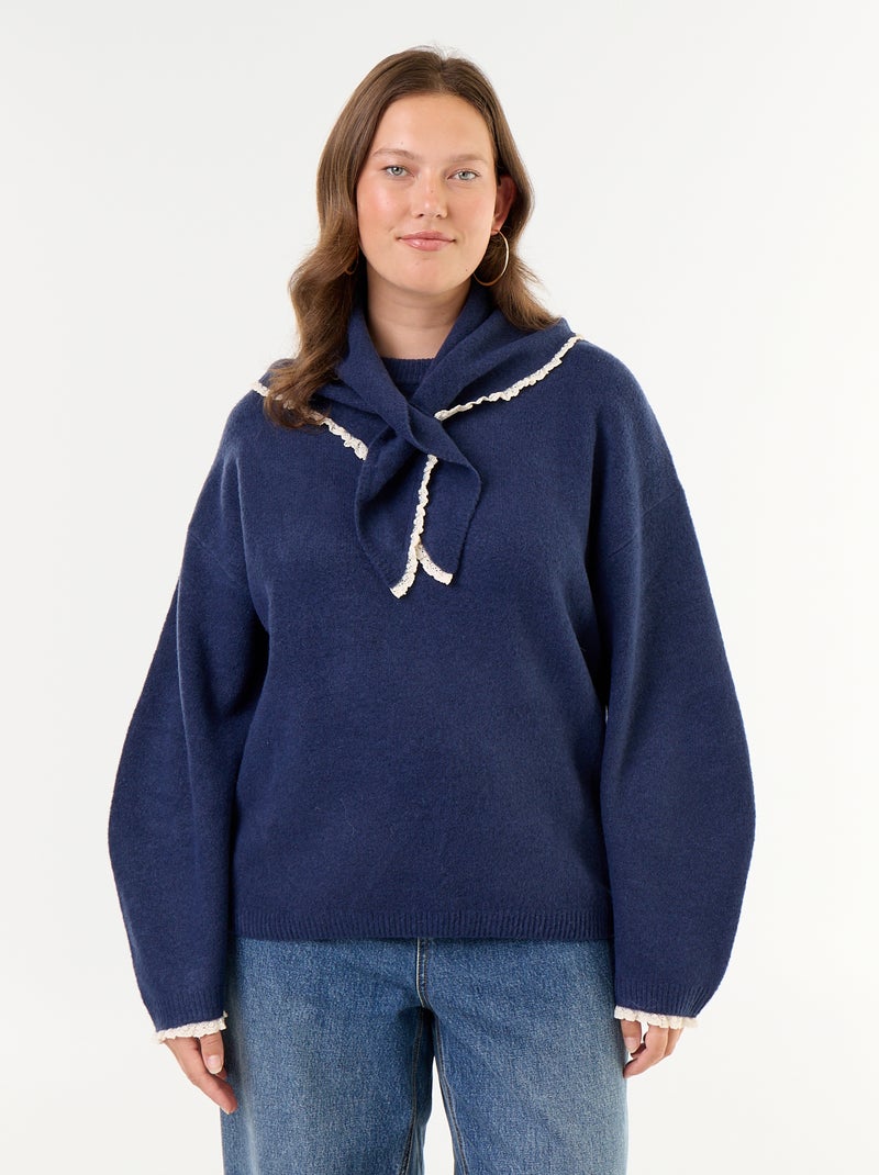 Maglione collo rotondo maniche ampie con foulard abbinato Blu - Kiabi