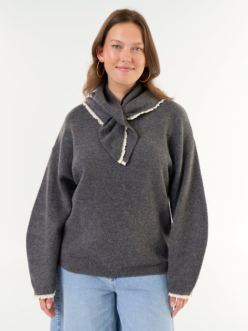 Maglione collo rotondo maniche ampie con foulard abbinato Grigio - Kiabi