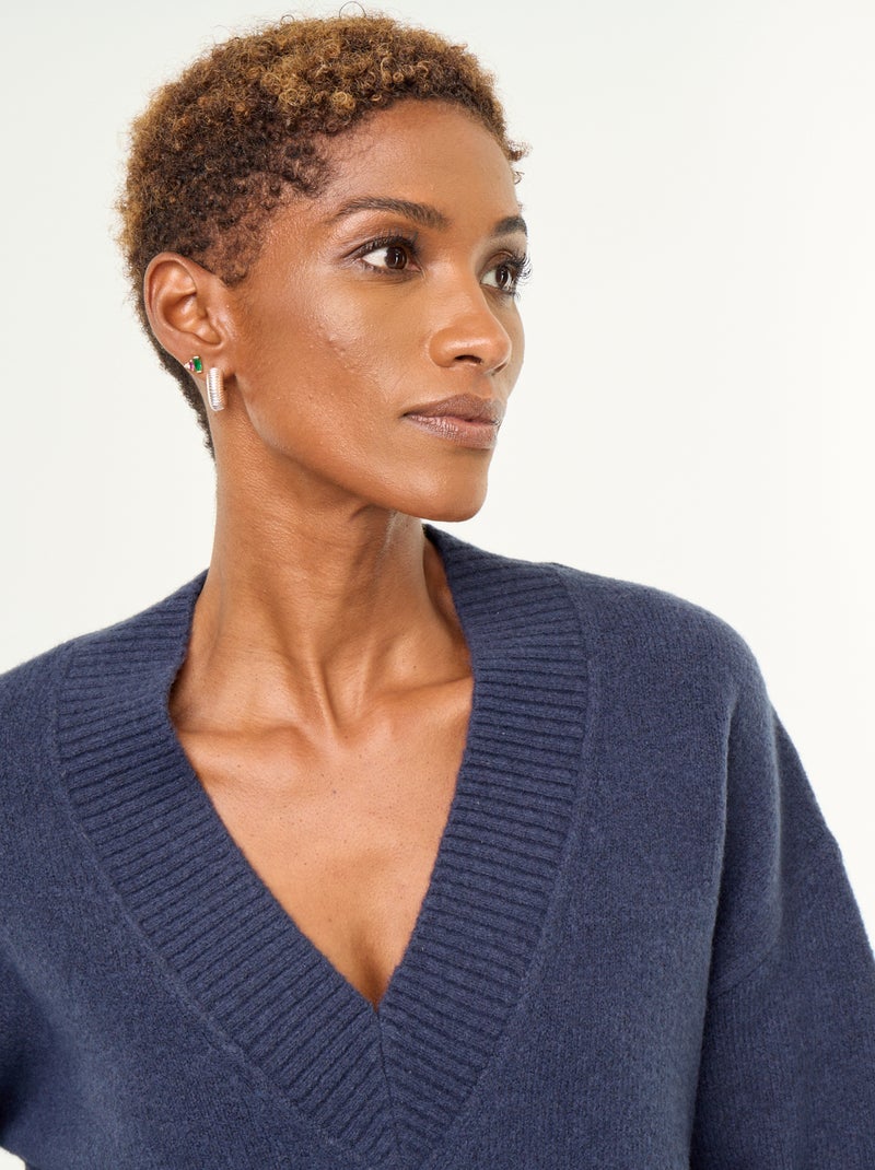 Maglione con ampio scollo a V in maglia a coste Blu - Kiabi