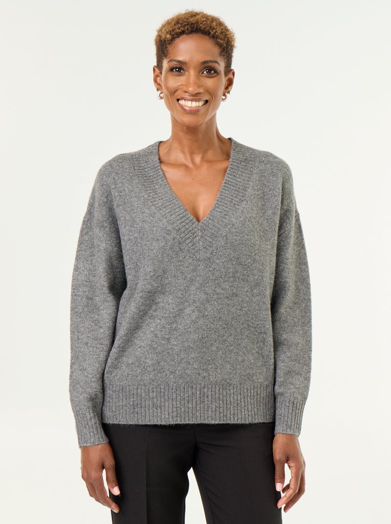 Maglione con ampio scollo a V in maglia a coste Grigio - Kiabi