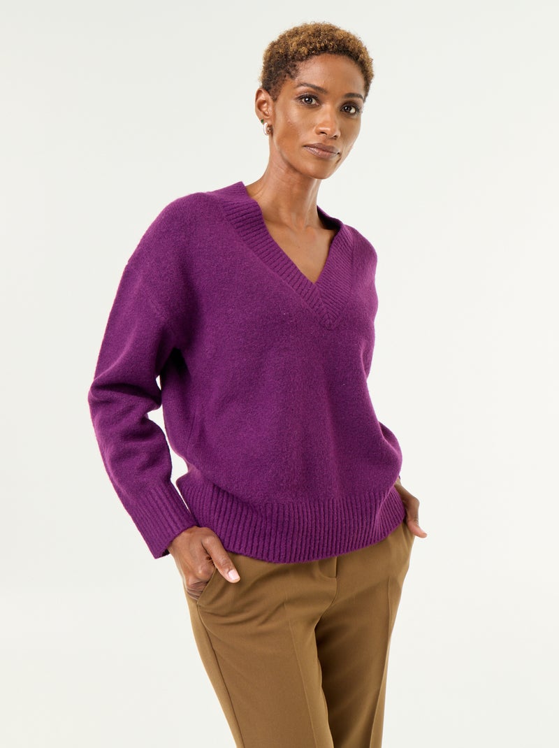 Maglione con ampio scollo a V in maglia a coste Viola - Kiabi