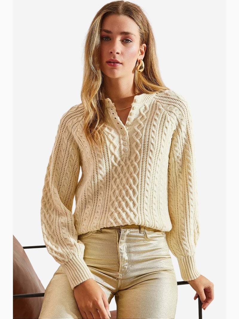 Maglione con bottoni in maglia a trecce lucci Crema - Kiabi