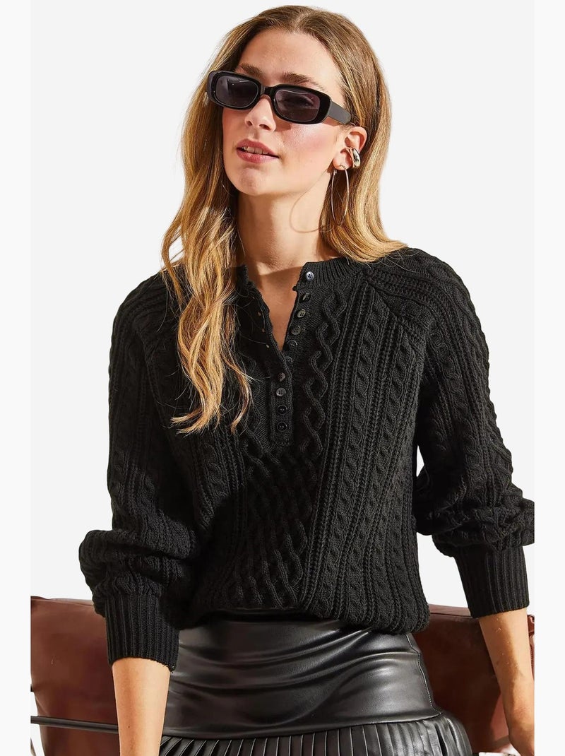 Maglione con bottoni in maglia a trecce lucci Nero - Kiabi