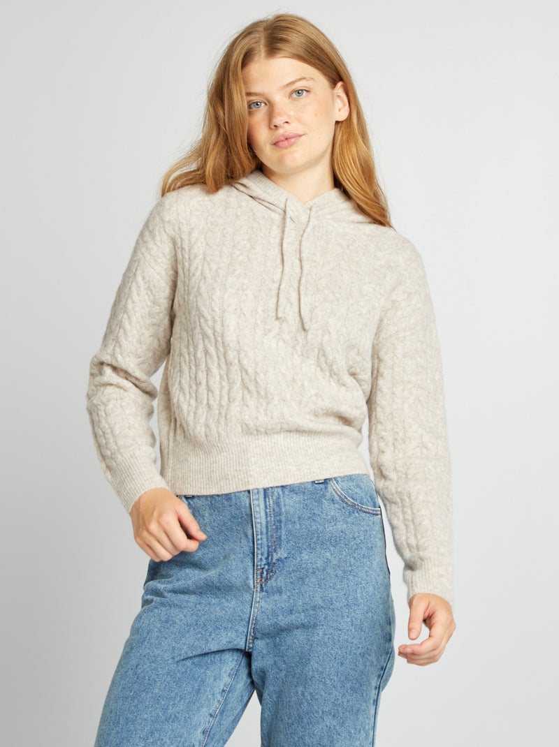 Maglione con cappuccio in maglia intrecciata BEIGE - Kiabi