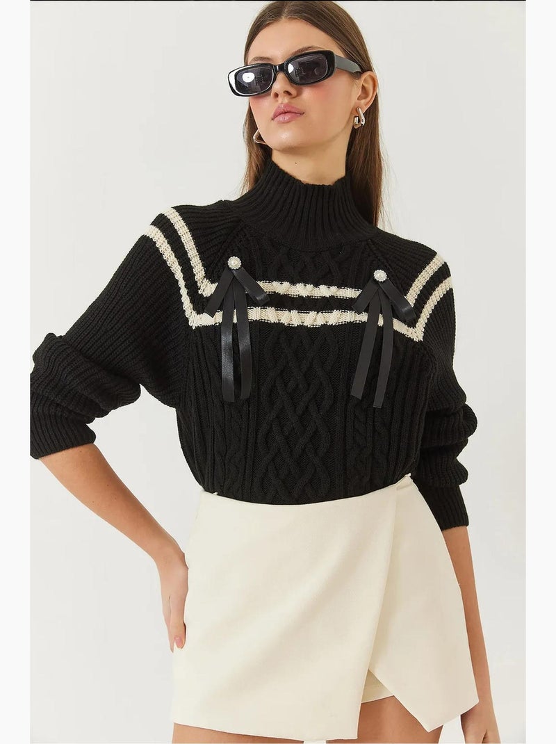 Maglione con colletto di perline e fiocco lucci Nero - Kiabi