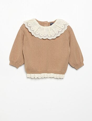 Maglione con collo fantasia in pizzo sangallo