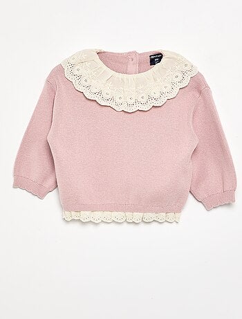 Maglione con collo fantasia in pizzo sangallo