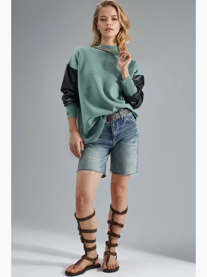 Maglione con dettagli in ecopelle my fashion Verde pastello - Kiabi