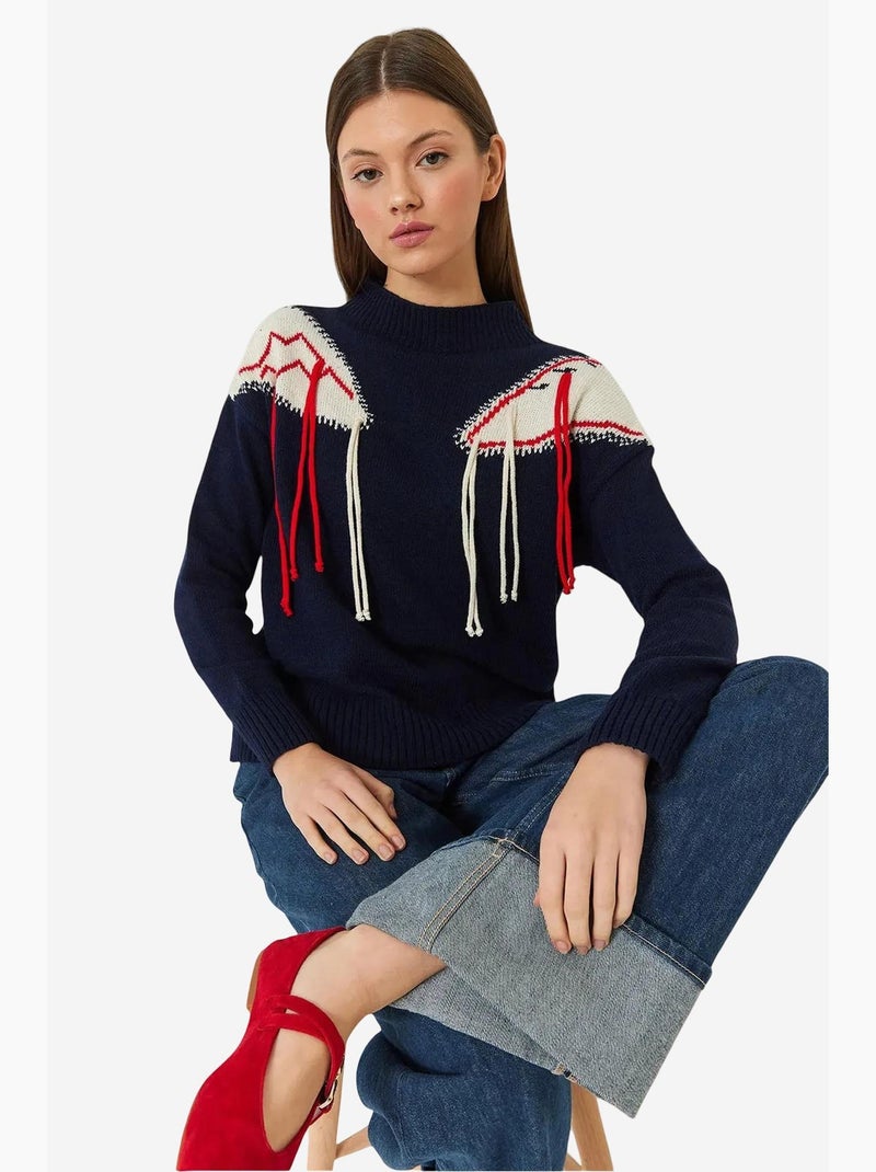 Maglione con frange sulle spalle in maglia lucci Blu marino - Kiabi