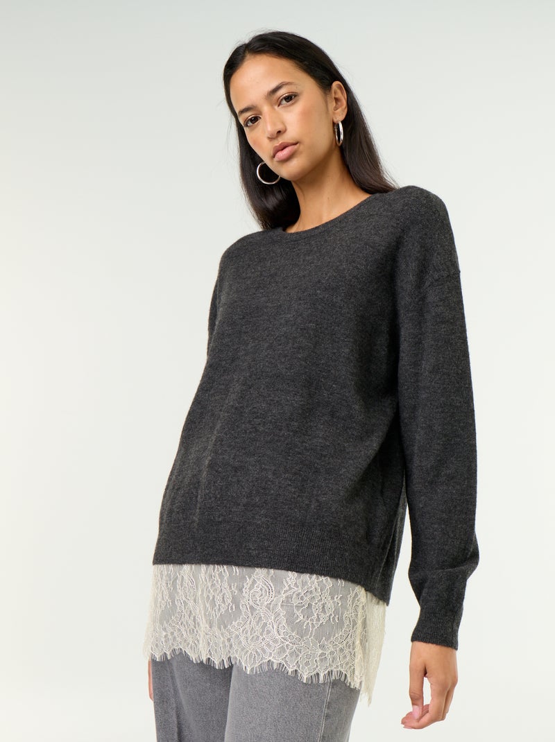 Maglione con inserto in pizzo Grigio - Kiabi