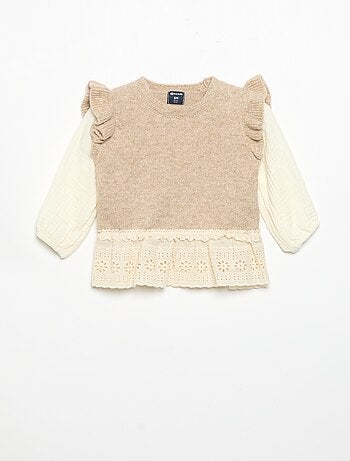 Maglione con maniche in voile di cotone e orlo ricamato