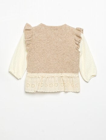 Maglione con maniche in voile di cotone e orlo ricamato