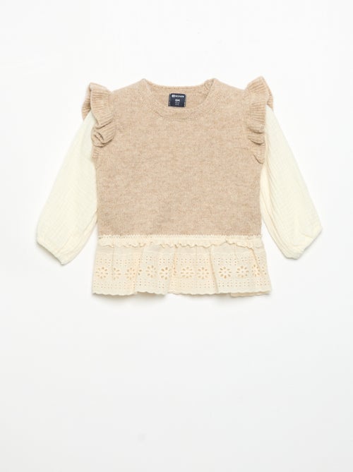Maglione con maniche in voile di cotone e orlo ricamato - Kiabi