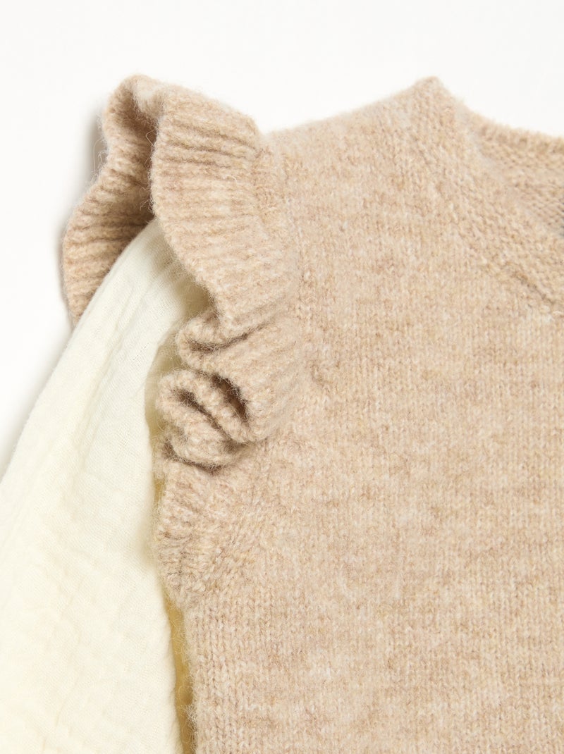 Maglione con maniche in voile di cotone e orlo ricamato Beige - Kiabi