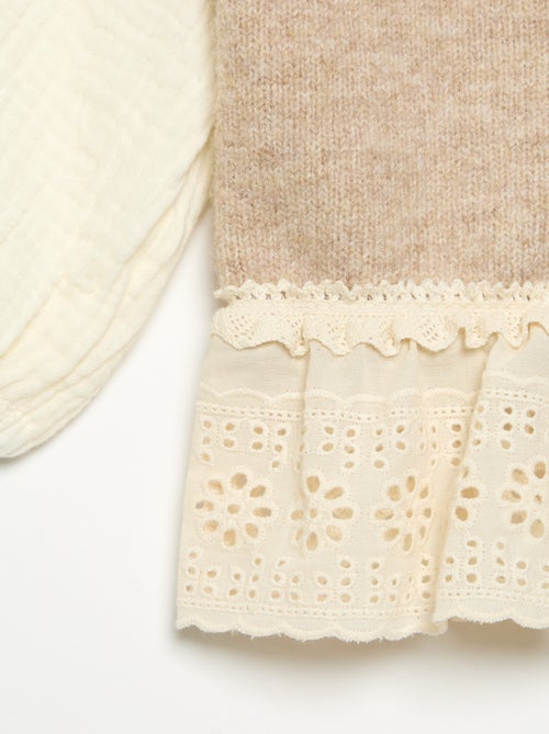 Maglione con maniche in voile di cotone e orlo ricamato - Kiabi